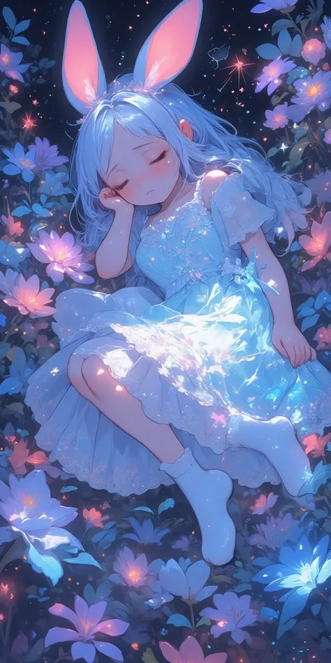 text written "owe you a big thank 6000" with beautiful solemn font surely. ((cute and kawaii rabbit girl with tears lying down eternally sleeping in happy dream, long white hair and fluffy rabbit ear, transparent very white frilly dress embroidered delicat...