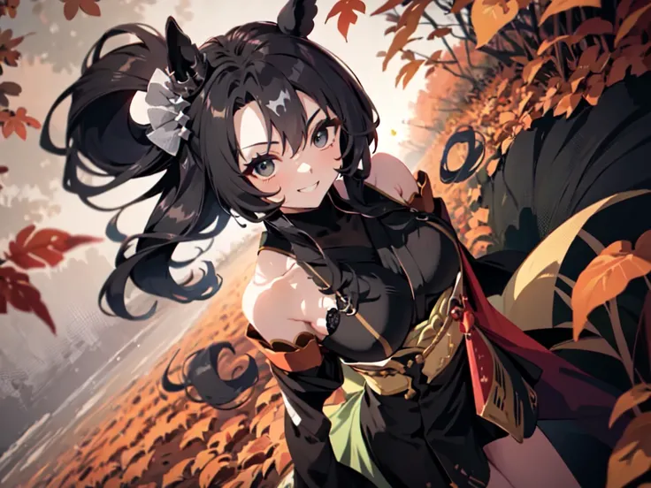 A beautiful girl with horse ears and wearing a Japanese-style ninja outfit lies on a bed in a forest of autumn leaves, smiling and showing her gums. There is a beautiful girl with horse ears and a heart-shaped hair accessory, and a strong wind is blowing h...