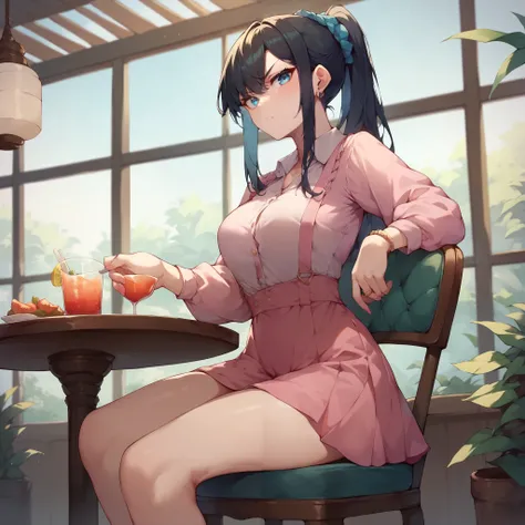 a female with long black hair with bangs and light blue eyes and pale skin. she wears a pink dress and looks annoyed seeing you while sitting in a cafe.