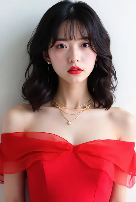 Beautiful Japanese Woman 、、 She is wearing a red off-the-shoulder dress、Red eyeshadow 、Hairstyle: Medium long、wavy hair 、 black hair 、 ear piercing、 Empty Expressions 、 necklace、 white backgr
