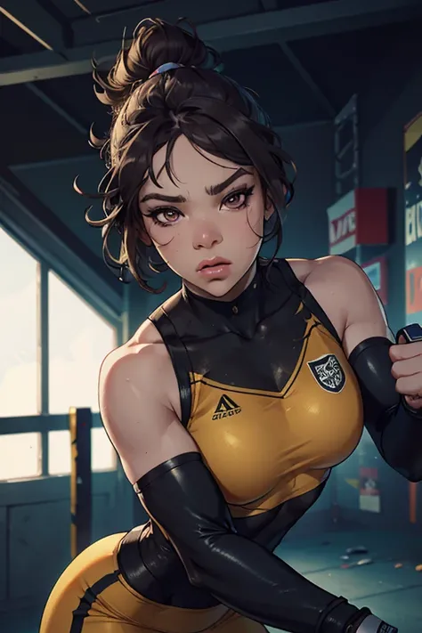 a female fighter named Hailee Steinfeld,hyper realistic portrait,intricate details, beautiful detailed eyes,beautiful detailed lips,extremely detailed face and eyes,longeyelashes, short hair,wearing mma fighting gear, athletic body,intense focused expressi...