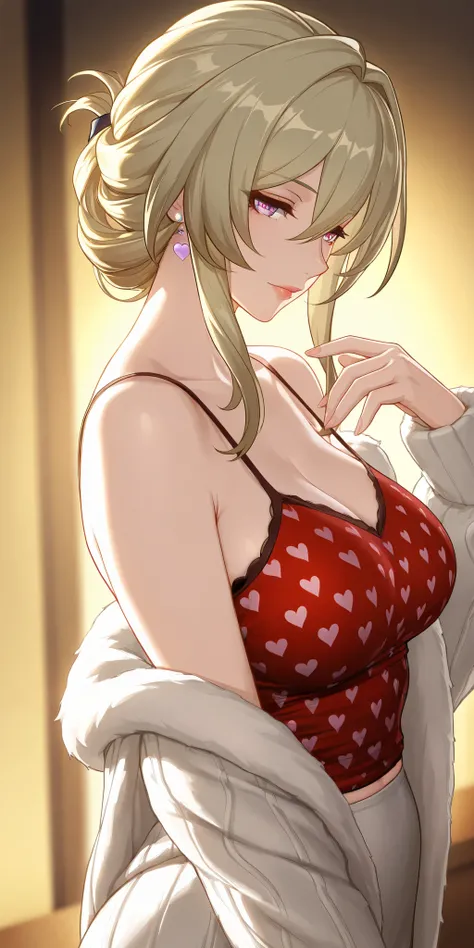 masterpiece, best quality, mature woman, milf, blonde hair, chignon hair, camisole, honkai: star rail cg style, upper body, dynamic lighting, red colour costume,lips and heart printed pattern using costume, attractive design 