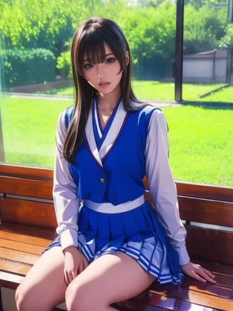    blue Asian woman in white uniform in strict uniform is posing on a bench,    japanese schoolgirl uniform,  Japanese School Uniform,  Japanese School Uniformを着ている,    the principal is wearing a uniform    , 超  Manga inspired by actual high school girl   ...