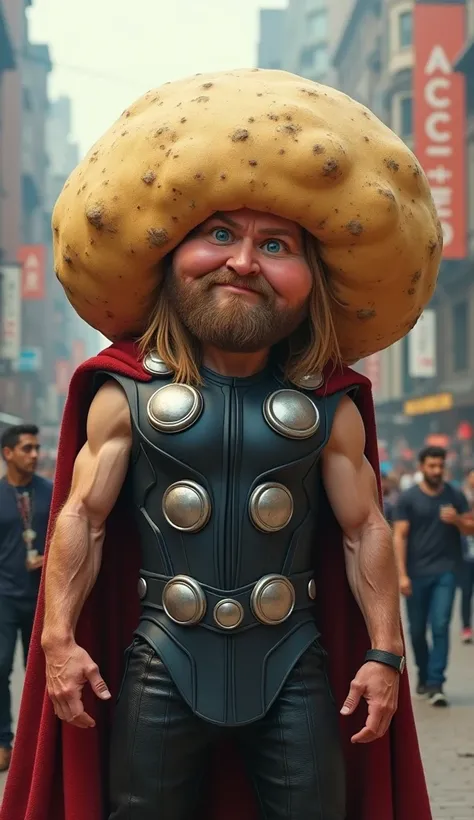 Thor hero wears a big potato hat, his face looks very silly, background in public, full body shot, realistic HD