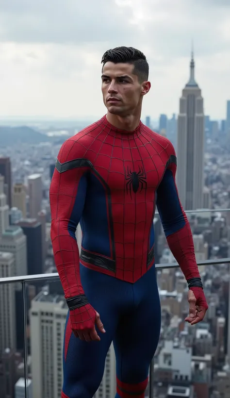 "A hyper-realistic, cinematic superhero fusion of spiderman and CR7. The character combines spiderman suit, marvel special effects, muscular physique, Cristiano Ronaldo sharp facial features, styled hair, and athletic build. The suit is a hybrid of spiderm...