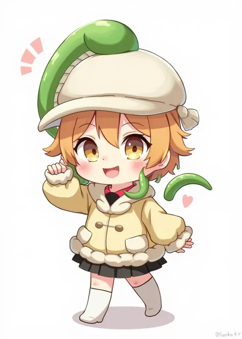 Mascot character wearing cute anthropomorphic clothing with a hat as the motif of a snake with a green tail wrapped around it and sticking out its tongue、 little character 、woman、anime,