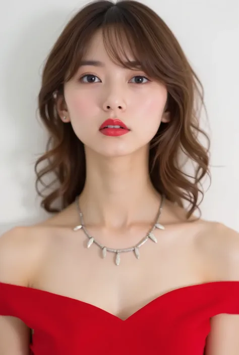 Beautiful Japanese Woman 、、 She is wearing a red off-the-shoulder dress、Red eyeshadow 、Hairstyle: Medium long、wavy hair 、 Light Brown Hair 、 ear piercing、 Empty Expressions 、 necklace、 white backgr
