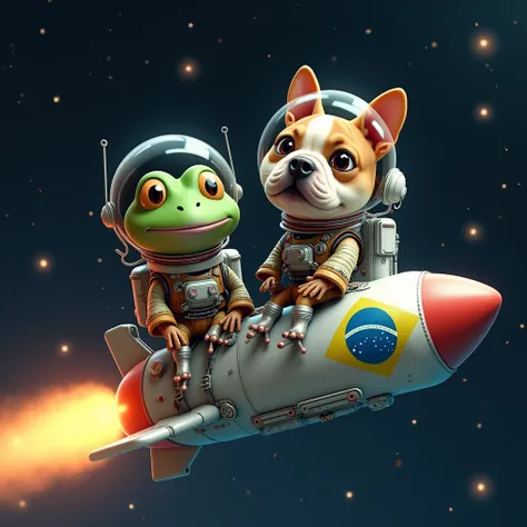 Make a frog and a bulldog wearing astronaut clothes in space sitting on a rocket he has the Brazilian flag