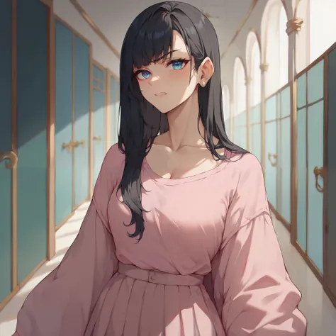 a female with long black hair with bangs and light blue eyes and pale skin. she wears a pink dress and looks angry while standing in a college hallway.