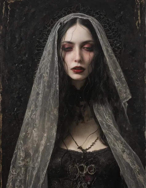 James Gurney, surrealist art , dreamlike, mysterious, provocative, Symbolic, complex,  Detailed ,, (  Gothic but very beautiful:1.4), ( body masterpiece,  highest quality :1.4) ,  Nicola Samori style ,  VERY CLOSE UP, close-up, FACE DETAIL PLAN ,  Eyes Clo...