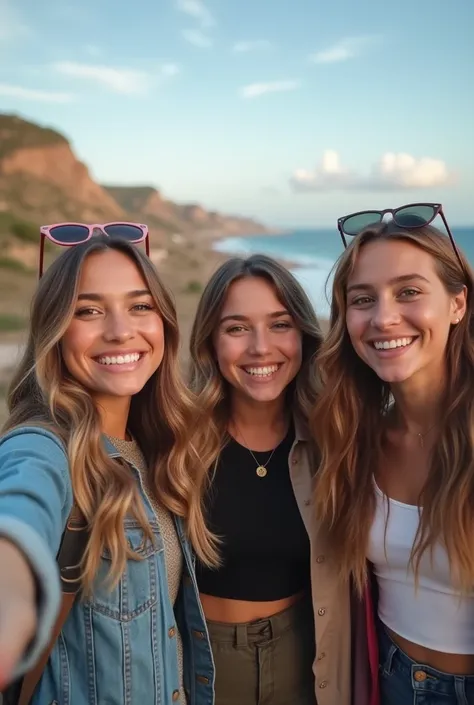 Create an image of 3 girls taking a selfie with a camera, they are travelers who visit countries and make videos, They're wearing a backpack, They are happy and he has his YouTube channel called " traveling the world"