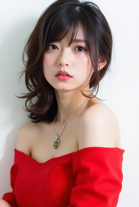 Beautiful Japanese Woman 、、 She is wearing a red off-the-shoulder dress、 dark eyeshadow、Hairstyle: Medium long、wavy hair 、 、 ear piercing、 Empty Expressions 、 necklace、 white backgr
