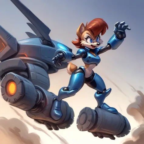 Sally Sally acorn, fur,btpt-fc, wearing black swimming shorts, doing a falling down pin up pose, has thick thighs, high quality, crisp, Imagine a shovelware version of Sally Acorn from Sonic the Hedgehog, but reimagined as a super mecha robot inspired by R...