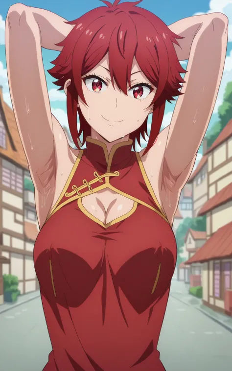 score_9, score_8_up, score_7_up, source_anime, anime screencap, 1girl, solo, tomo aizawa, red hair, short hair, red eyes, red chinese outfit, bare shoulders, bare arms, arms behind head, armpits, head towards viewer, smile, closed mouth, badhandv4, outdoor...