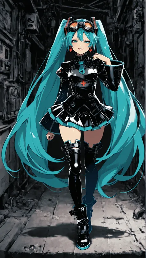  1 girl in the best, Hatsune Miku, Guilty Gear, Winter Night Town ,Manekko ,  tied his lips, bewitching smile, masterpiece,  best quality,   detailed background ,  complicated details, miniskirt, black futuristic clothes, Long Boots ,Breast,Big goggles on ...