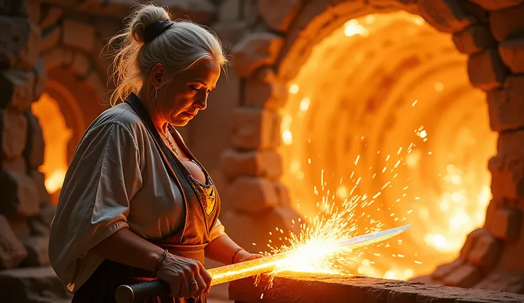 "An elderly woman, her hair white and wild like flames, stands in the heart of a star’s core, surrounded by intense heat and blinding light. Her hands glow like plasma, radiating energy as she forges a sword made from pure light, its blade shimmering with ...