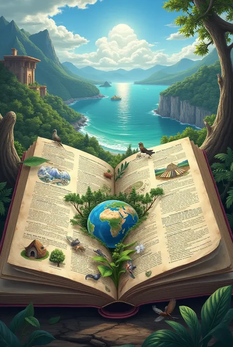 Generate me open book with everything this earth have, like encyclopedia. Image dimension need to be 1080x1080px