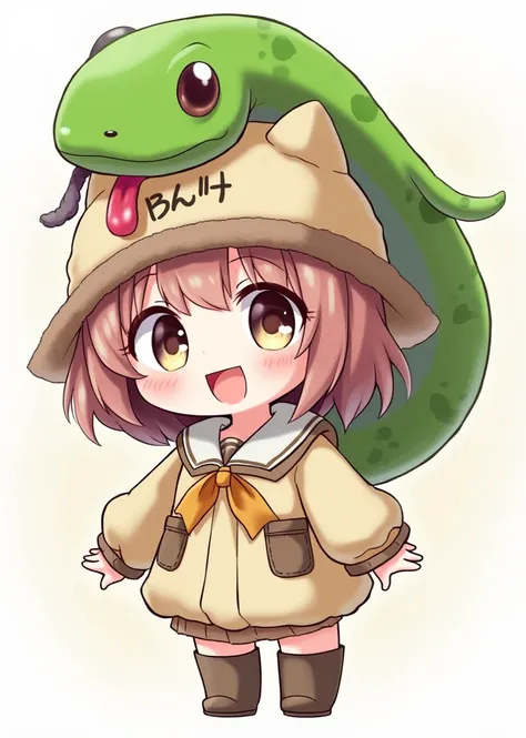  wears a hat with the motif of a snake wrapped around a green tongue and sticking out its tongue、mascot character wearing cute anthropomorphic clothes、 little character 、woman、anime,