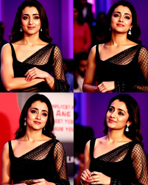 Four portraits of a young indian woman.  Each image shows a similar pose,  wearing a black, transparent saree with delicate, sparkling embellishments. The saree's  open-shoulder design is accentuated by the sheer fabric.  She has long, dark hair styled in ...