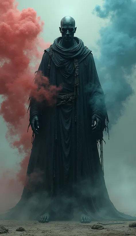 Capture a full body image of a mysterious, bald male god with pure black skin, black eyes, webbed toes, tattered cloak, vibrant color smoke shadows swirl around him symbolizing chaos.