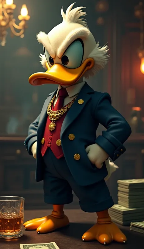 Create Donald Duck mobster, Standing in a suit, corrente de ouro, casino,  smoke in the background , money everywhere, Whiskey not right,  Penetrating look .