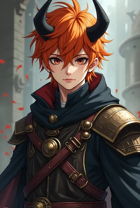 An 18-year-old boy with orange , Light skin black horns and black eyes with red anime-shaped medieval soldier clothes 