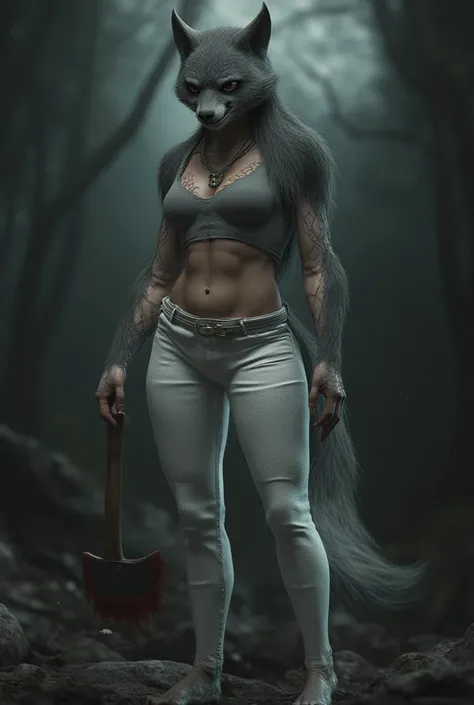 Female furry wolf Red eyes thick thighs DDD wearing white tight yoga pants outline Camel toe undercut tank top full body view amazing detail realistic 3D real character style extremely detailed high quality hyper realistic axe in hand bloodied background d...