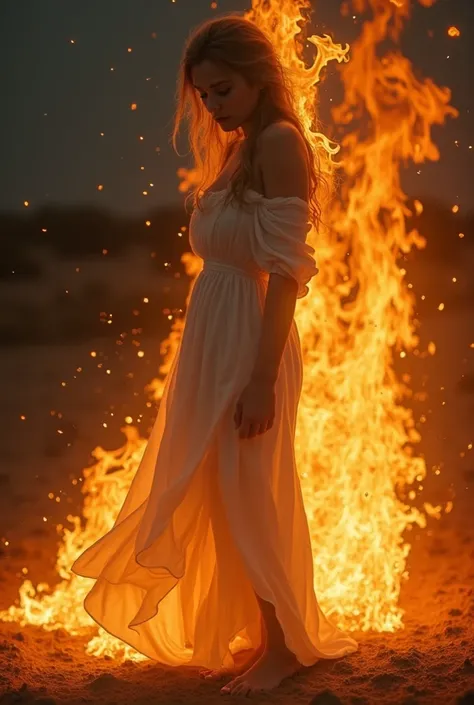 an innocent woman in white engulfed in flames