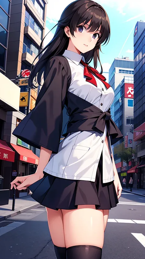 Hayashi Akemi,  1girl ,  solo ,  Dark Hair,  Cowboy Shooter,  more details,  Best Quality, masterpiece, illustration, Game CG, mini skirt, Cutting, City