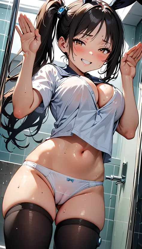 (Slender, 10yo, (large breasts), cameltoe,(tented school uniform)), (cleavage, midriff, くびれ), [white panties], (1girl, Reica Shimohira, GANTZ),  (side ponytail), brown eyes, black hair, beautiful detailed eyes, (half closed eyes),black thigh highs, (Carvin...