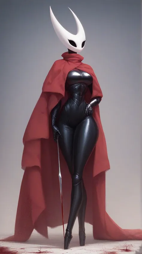 Masterpiece, Best quality, Amazing quality, Very beautiful, Very large image, Newest, Black tight knight armor, Hollow_Hornet_Knight, 1 girl, Standing, Slim, Long and beautiful, Thighs, Blood red shawl, Pose, Full body