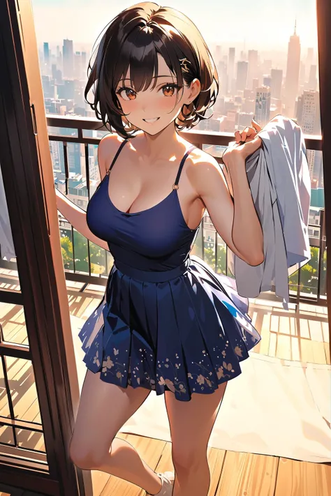 1 girl, (charming face), young heroine, short hair, (bright smile), (cheeks flushed), large breasts, slender figure, (wearing a flirty skirt and top), above knee length, (radiant skin), (hanging laundry:1.2), (intimate garments:1.2), 
BREAK 
sun-drenched b...