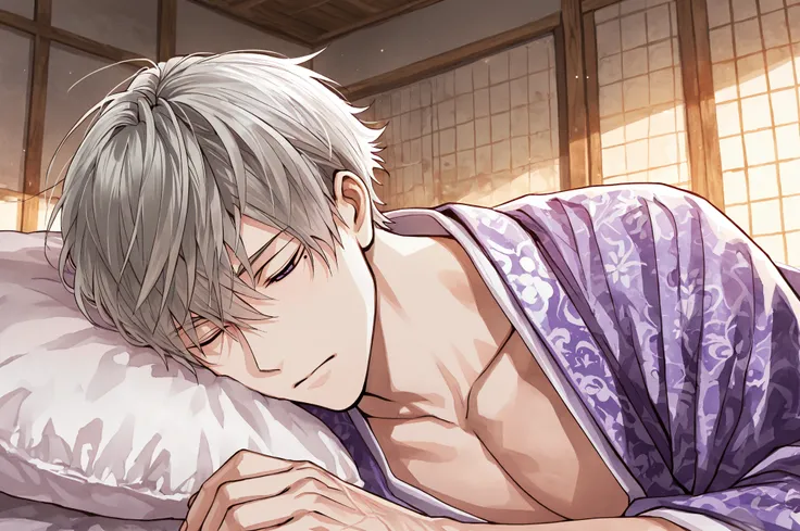 (masterpiece, best quality), best score, amazing quality, very aesthetic, absurdres, highres, newest, HDR, 8K, high detail RAW color art, 1boy, closed mouth, Ishida Mitsunari, Ikemen Sengoku, mole under left eye, purple eyes, grey hair, lean, muscular, sex...