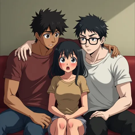 Oh, just the one from the anime Branca Albina with black hair and next to her there are two muscular men, a half-brown with curly hair who wears glasses and the other white with half-black hair split in half, she is sitting on the couch with a frightened e...