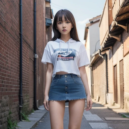 nsfw, Woman performing a roundhouse kick, wearing a white printed t-shirt, hooded parka, denim mini skirt, light blue panties visible, ground-level perspective looking up at a backstreet road, dynamic pose, confident and realistic facial expression, old br...