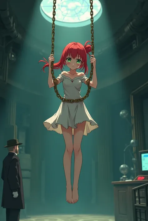 young anime girl with red hair adorned in a very long ponytail and green eyes, with her eyes closed, in an innocent unconscious expression, hanging from the ceiling in a large chamber, wearing a ripped off the shoulder strapless slim white mini slim fairy ...