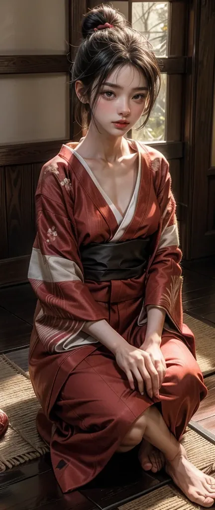 An Asian woman in her 18s, with black hair and a red kimono with a low neckline open over her torso, Hair in a bun, sits in a Japanese-style room with tatami mats and Japanese sliding doors (shoji), the door opens to let in natural light, the atmosphere ou...