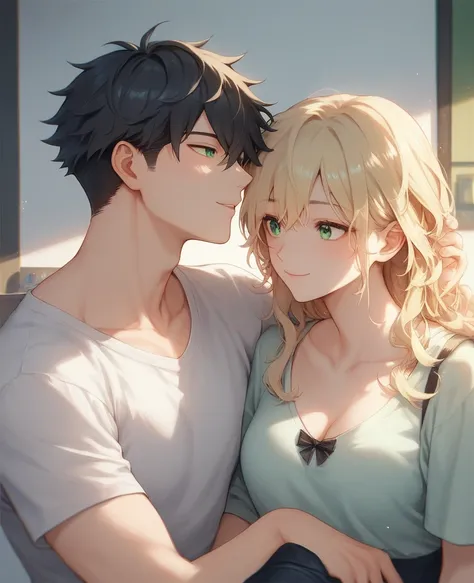 I'd like . anime.. couple.. A white. The man has black hair, scattered hair coma .. y green eye _ with her blonde haired girlfriend with bangs and green eyes, .. asleep on his chest .. hugs.. masterpiece, The best quality, effect, illustration, detailed ey...