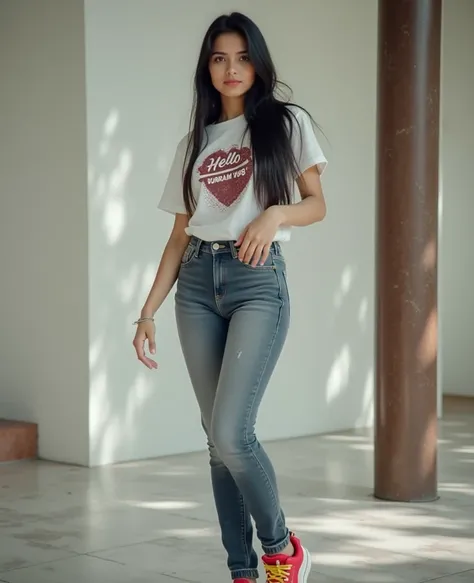  Full image  ,  South West Asian Girl With Round Face ,Age 25 years,   on the old dark jeans set, missing a white T-shirt with a dark red print., Dark blue and white graphic print , "Hello Buriram 90s," ,  Wearing expensive colorful sneakers .,  Black Long...