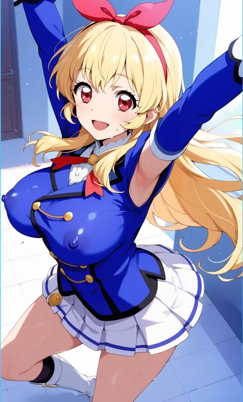 Really big anime beauty in top, 1 girl, solo, blonde hair, breasts, covered nipples, armpits, long hair, open mouth, smiling, big breasts, sweat, red eyes, arms raised Look at the viewer, sleeveless, ribbon, hair ribbon,close up nipples,, hoshimiya ichigo,...