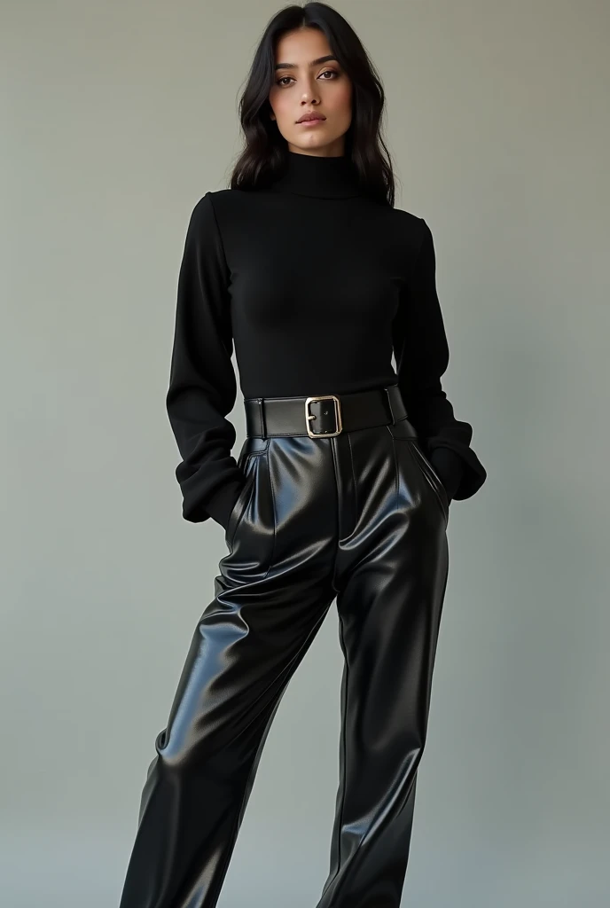 
A Pakistan women 20 years white skin and Black hair and black body suit and black cotton pullover neck tight shirts full sleeve and leather shining waistcoat and black shining formal pant and black shining leather boots full outfits High quality 8k uhd up...