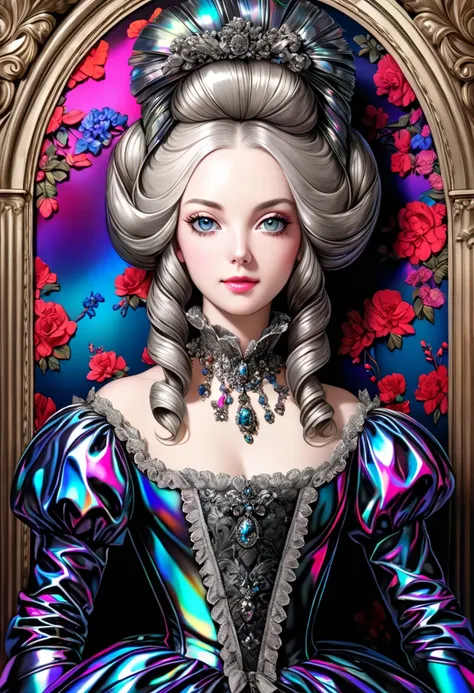 Marie Antoinette-style portrait of a beautiful woman, black iridescent color effect, ultra detailed, absolutely resolution, masterpiece