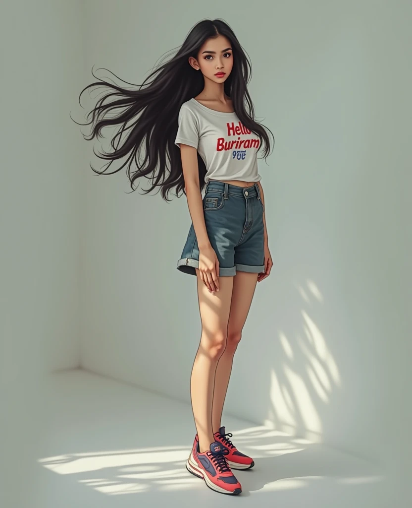  Full image  ,  South West Asian Girl With Round Face ,Age 25 years,   on the old dark jeans set, missing a white T-shirt with a dark red print., Dark blue and white graphic print , "Hello Buriram 90s," ,  Wearing expensive colorful sneakers .,  Black Long...