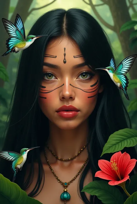  create an image main focus is a woman's face with an indigenous appearance  ,  striking greenish eyes  , big full lips square face with straight and long hair that partially covers her windy face ,There are tribal marks drawn on her cheeks , Indigenous Th...