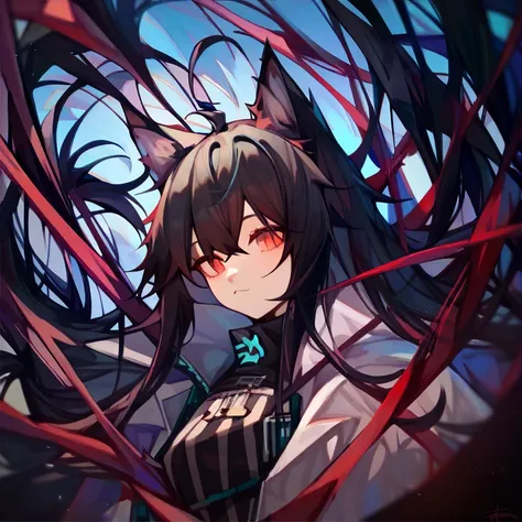 ,paimonfy,1girl,solo,w \(arknights\),masterpiece, best quality, very aesthetic, absurdres, ((cat girl, cat ears)), (red eyes), (long hair), (( black hair, (Ahoge), straight bangs,)),