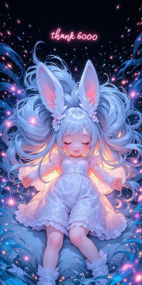 beautiful solemn text written "thank 6000". ((cute and kawaii rabbit girl lying down eternally sleeping in happy dream, long white hair and fluffy rabbit ear, transparent very white frilly dress embroidered delicately). at very unreal place as beautiful he...