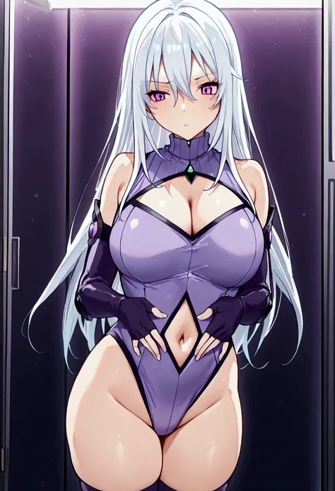 Masterpiece,Solo, girl,Aine chidorigafuchi white hair, long hair,purple highleg leotard,turtleneck,V-Cleavage Leotard,sleeveless,navel cutout,elbow gloves,fingerless gloves,thigh highs,score 9, perfect legs,perfect buttocks