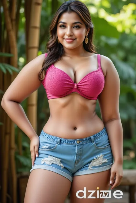  Indian curvy plus size women, white skin, beautiful face ,ALMOND eyes, horizontal navel navel, large side set breast,A slightly chubby belly 
Wearing : 
Tops a sparkly pink bra with sequin embellishments.

Bottom description of the dress:
The dress is a p...