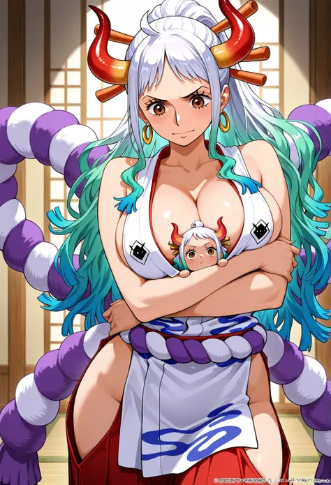 high resolution picture, masterpiece, best quality, amazing quality, official art, solo, 1girl,  Yamato  from  One Piece, 1girl, yamato, ahoge, aqua hair, brown eyes, curled horns, earrings, green hair, grey hair, hair ornament, hair stick, high ponytail, ...