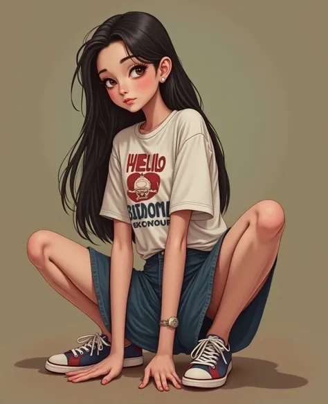  Full image  ,  South West Asian Girl With Round Face ,Age 25 years,   on the old dark jeans set, missing a white T-shirt with a dark red print., Dark blue and white graphic print , "Hello Buriram 90s," ,  Wearing expensive colorful sneakers .,  Black Long...